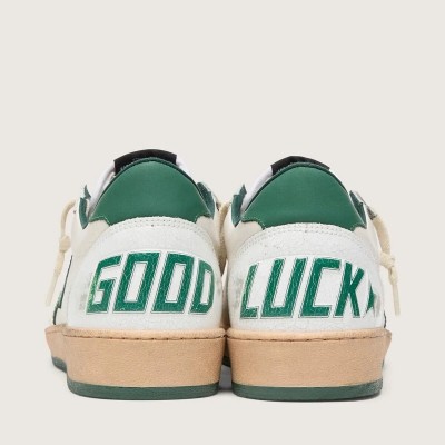 Golden Goose Ball Star Wishes Sneaker In White Nappa Leather With Green Leather Star And Heel Tab Golden Goose Ball Star Wishes Sneaker In White Nappa Leather With Green Leather Star And Heel Tab
