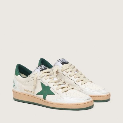 Golden Goose Ball Star Wishes Sneaker In White Nappa Leather With Green Leather Star And Heel Tab