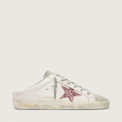 Golden Goose Bio-Based Super-Star Sabot Sneaker With Pink Glitter Star And Suede Toe Golden Goose Bio-Based Super-Star Sabot Sneaker With Pink Glitter Star And Suede Toe