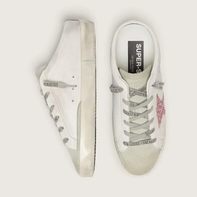 Golden Goose Bio-Based Super-Star Sabot Sneaker With Pink Glitter Star And Suede Toe Golden Goose Bio-Based Super-Star Sabot Sneaker With Pink Glitter Star And Suede Toe