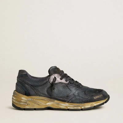 Golden Goose Dad-Star Sneaker In Black Naplak And Crackle Leather With Black Star And Heel Tab