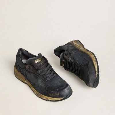 Golden Goose Dad-Star Sneaker In Black Naplak And Crackle Leather With Black Star And Heel Tab Golden Goose Dad-Star Sneaker In Black Naplak And Crackle Leather With Black Star And Heel Tab