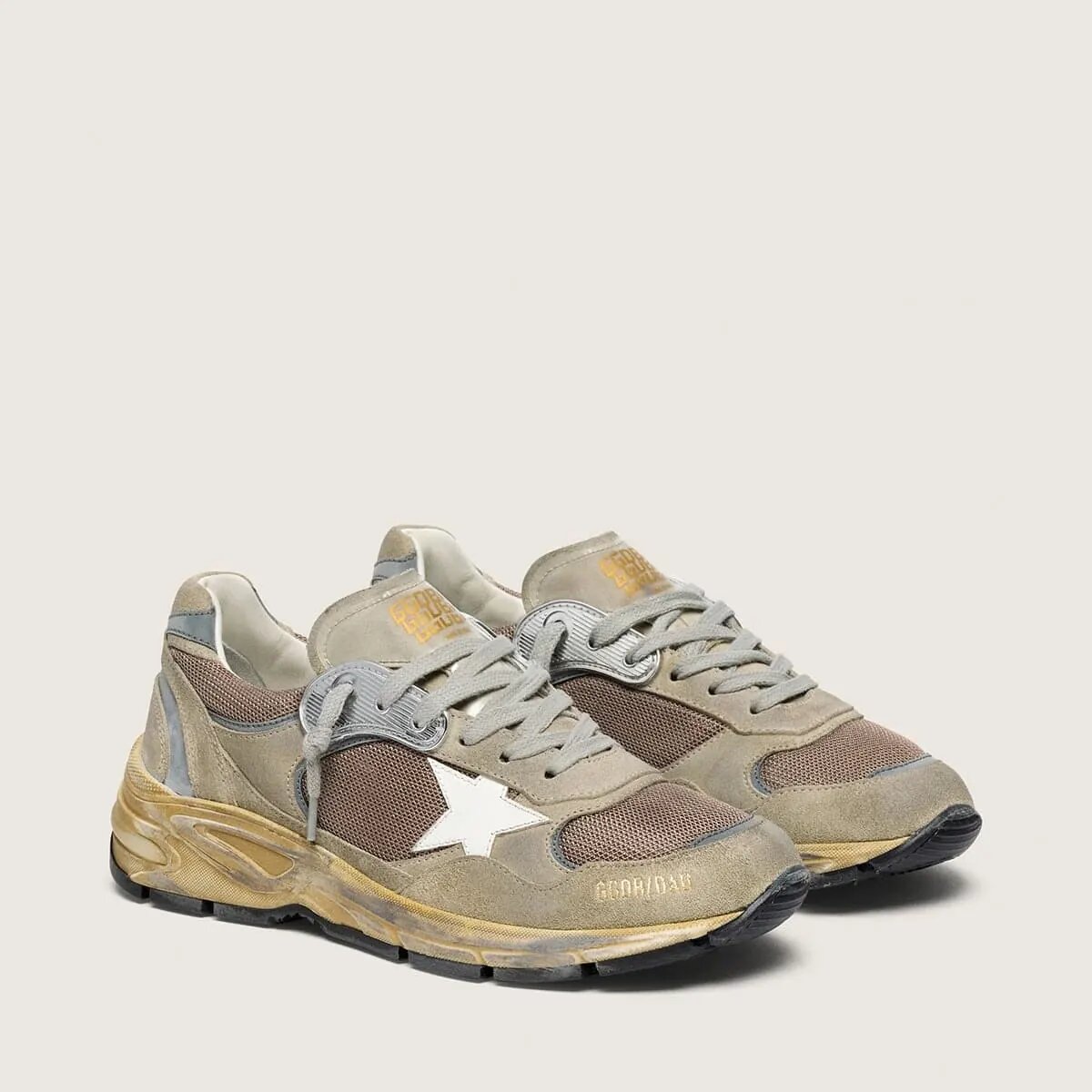 Golden Goose Dad-Star Sneaker In Dove-Gray Suede And Silver Mesh With White Leather Star And Suede Heel Tab Golden Goose Dad-Star Sneaker In Dove-Gray Suede And Silver Mesh With White Leather Star And Suede Heel Tab