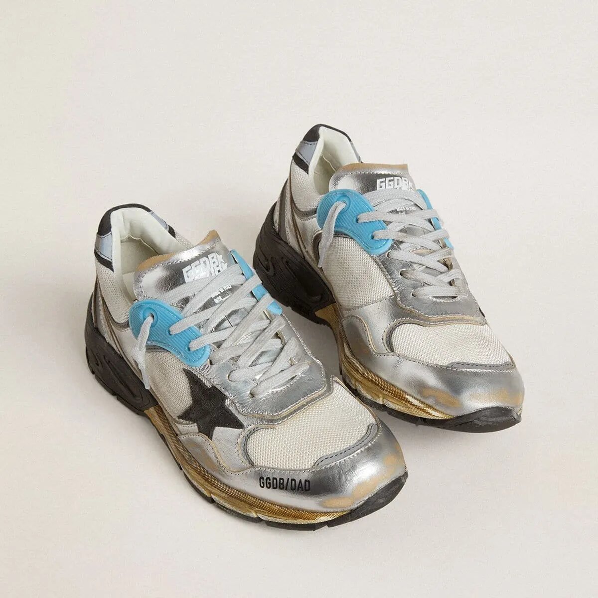 Golden Goose Dad-Star Sneaker In Mesh And Silver Foiled Leather With Black Suede Star Golden Goose Dad-Star Sneaker In Mesh And Silver Foiled Leather With Black Suede Star