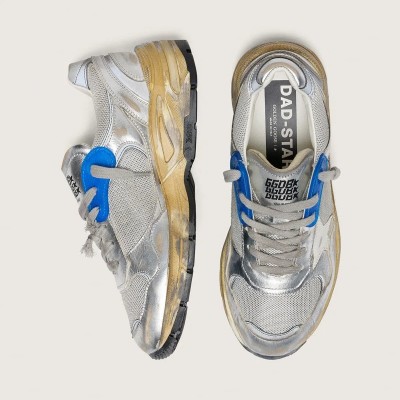 Golden Goose Dad-Star Sneaker In Silver Laminated Leather And Mesh With White Leather Star And Silver Heel Tab