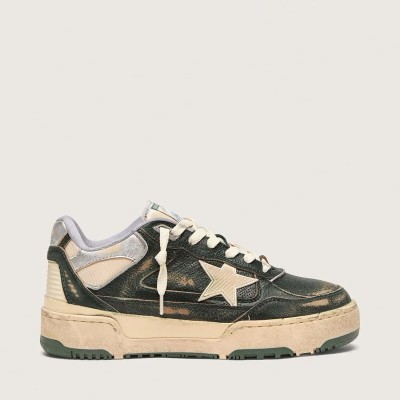 Golden Goose Forty2 Sneaker In Green Leather And Cream Nylon With Tpu Star And Silver Leather Heel Tab Golden Goose Forty2 Sneaker In Green Leather And Cream Nylon With Tpu Star And Silver Leather Heel Tab