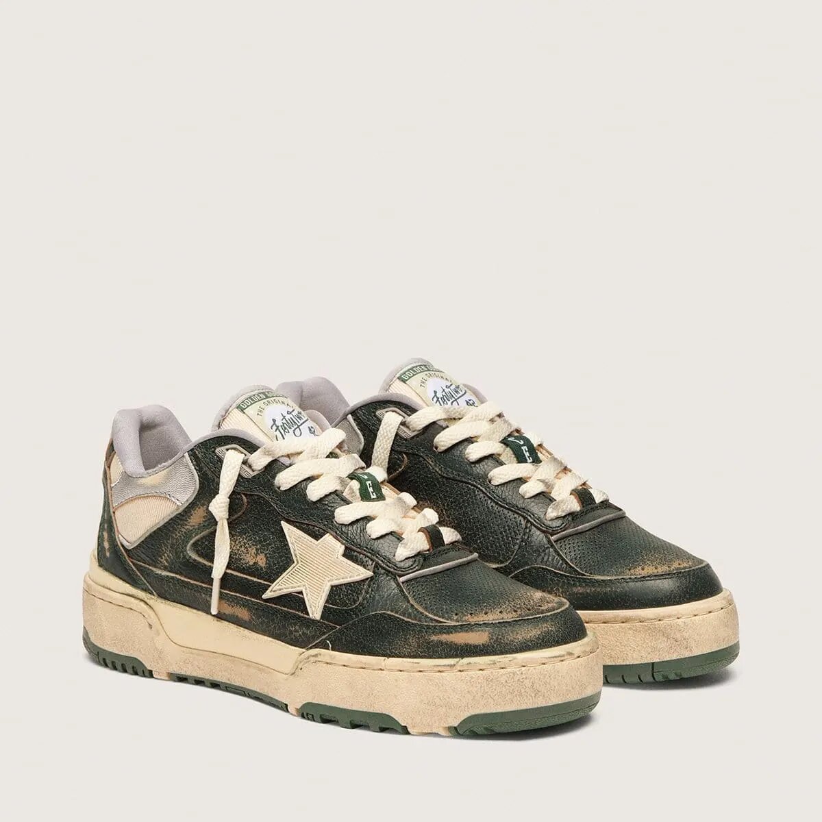 Golden Goose Forty2 Sneaker In Green Leather And Cream Nylon With Tpu Star And Silver Leather Heel Tab Golden Goose Forty2 Sneaker In Green Leather And Cream Nylon With Tpu Star And Silver Leather Heel Tab