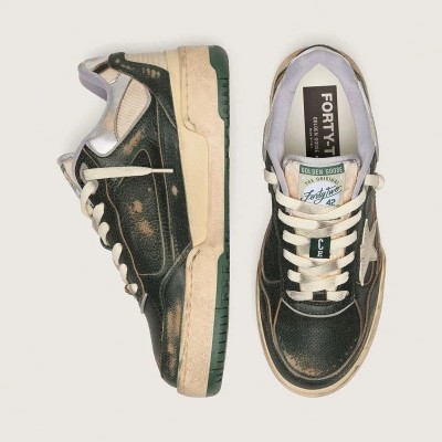 Golden Goose Forty2 Sneaker In Green Leather And Cream Nylon With Tpu Star And Silver Leather Heel Tab Golden Goose Forty2 Sneaker In Green Leather And Cream Nylon With Tpu Star And Silver Leather Heel Tab
