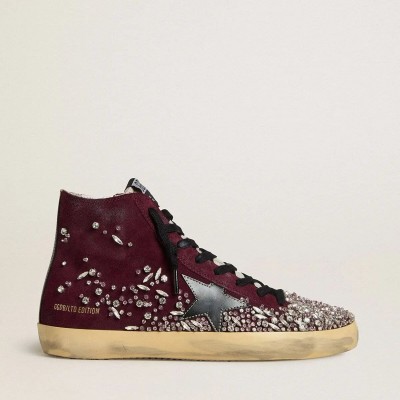Golden Goose Francy Lab Sneaker In Burgundy Suede With Glossy Black Leather Star And Rhinestones Golden Goose Francy Lab Sneaker In Burgundy Suede With Glossy Black Leather Star And Rhinestones
