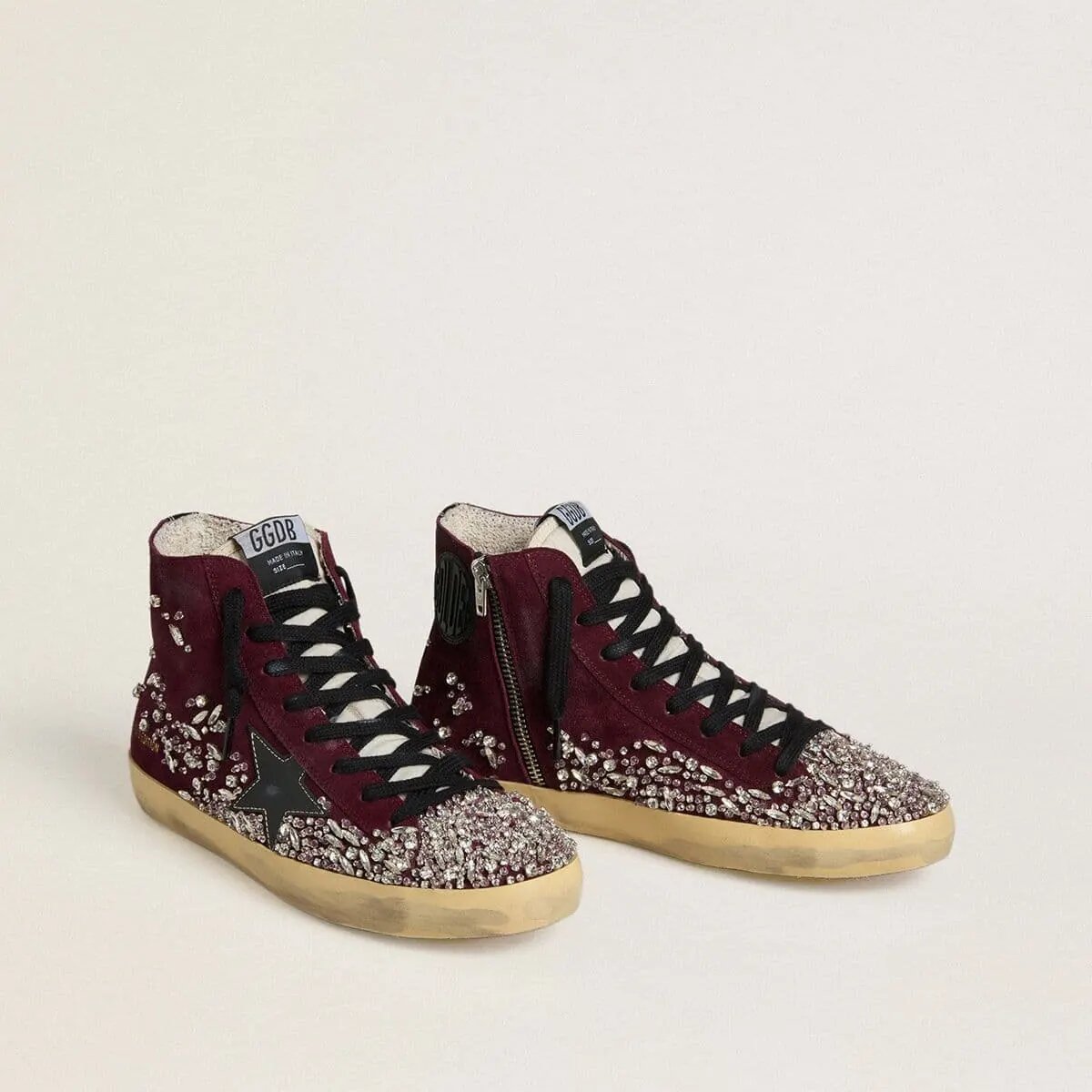 Golden Goose Francy Lab Sneaker In Burgundy Suede With Glossy Black Leather Star And Rhinestones Golden Goose Francy Lab Sneaker In Burgundy Suede With Glossy Black Leather Star And Rhinestones