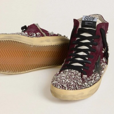 Golden Goose Francy Lab Sneaker In Burgundy Suede With Glossy Black Leather Star And Rhinestones Golden Goose Francy Lab Sneaker In Burgundy Suede With Glossy Black Leather Star And Rhinestones