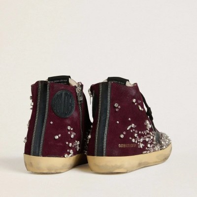 Golden Goose Francy Lab Sneaker In Burgundy Suede With Glossy Black Leather Star And Rhinestones Golden Goose Francy Lab Sneaker In Burgundy Suede With Glossy Black Leather Star And Rhinestones