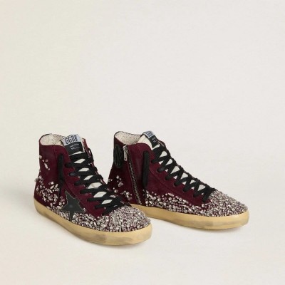 Golden Goose Francy Lab Sneaker In Burgundy Suede With Glossy Black Leather Star And Rhinestones