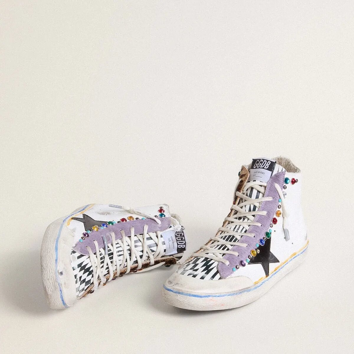 Golden Goose Francy Penstar Lab Sneaker With Black Leather Star And Multicolor Studs Golden Goose Francy Penstar Lab Sneaker With Black Leather Star And Multicolor Studs