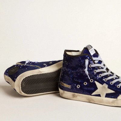 Golden Goose Francy Penstar Sneaker In Bright Blue Sequins With Ice-Gray Suede Star Golden Goose Francy Penstar Sneaker In Bright Blue Sequins With Ice-Gray Suede Star