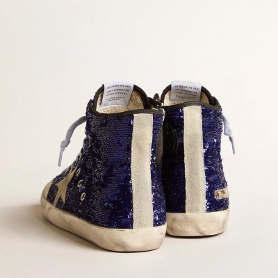 Golden Goose Francy Penstar Sneaker In Bright Blue Sequins With Ice-Gray Suede Star Golden Goose Francy Penstar Sneaker In Bright Blue Sequins With Ice-Gray Suede Star