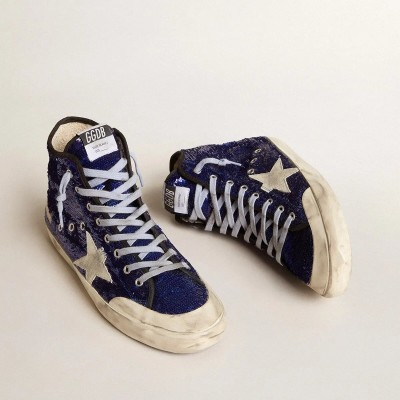 Golden Goose Francy Penstar Sneaker In Bright Blue Sequins With Ice-Gray Suede Star