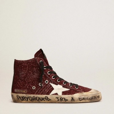 Golden Goose Francy Penstar Sneaker In Burgundy Glitter With White Leather Star Golden Goose Francy Penstar Sneaker In Burgundy Glitter With White Leather Star