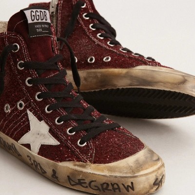 Golden Goose Francy Penstar Sneaker In Burgundy Glitter With White Leather Star Golden Goose Francy Penstar Sneaker In Burgundy Glitter With White Leather Star