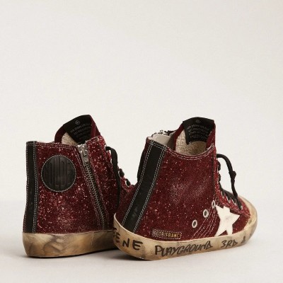 Golden Goose Francy Penstar Sneaker In Burgundy Glitter With White Leather Star Golden Goose Francy Penstar Sneaker In Burgundy Glitter With White Leather Star