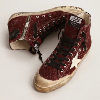 Golden Goose Francy Penstar Sneaker In Burgundy Glitter With White Leather Star