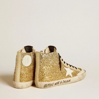 Golden Goose Francy Penstar Sneaker In Gold Glitter With White Leather Star Golden Goose Francy Penstar Sneaker In Gold Glitter With White Leather Star