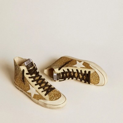 Golden Goose Francy Penstar Sneaker In Gold Glitter With White Leather Star