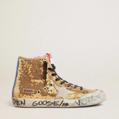 Golden Goose Francy Penstar Sneaker In Gold Paiettes With Suede Star And Bright Blue Heel Tab Golden Goose Francy Penstar Sneaker In Gold Paiettes With Suede Star And Bright Blue Heel Tab