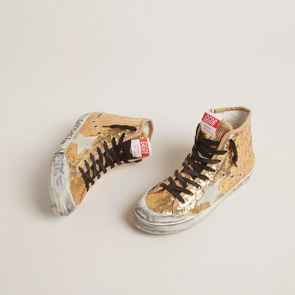 Golden Goose Francy Penstar Sneaker In Gold Paiettes With Suede Star And Bright Blue Heel Tab Golden Goose Francy Penstar Sneaker In Gold Paiettes With Suede Star And Bright Blue Heel Tab