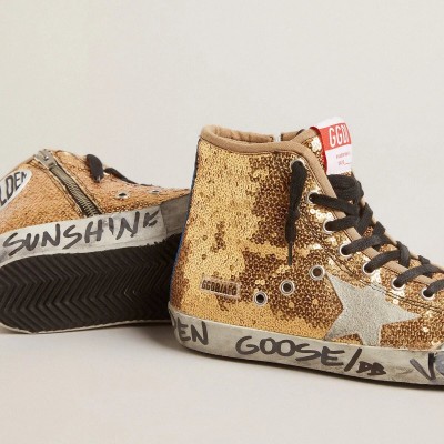 Golden Goose Francy Penstar Sneaker In Gold Paiettes With Suede Star And Bright Blue Heel Tab Golden Goose Francy Penstar Sneaker In Gold Paiettes With Suede Star And Bright Blue Heel Tab