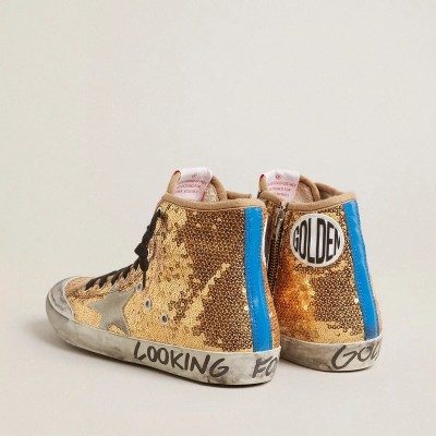 Golden Goose Francy Penstar Sneaker In Gold Paiettes With Suede Star And Bright Blue Heel Tab Golden Goose Francy Penstar Sneaker In Gold Paiettes With Suede Star And Bright Blue Heel Tab