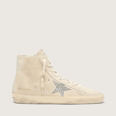 Golden Goose Francy Sneaker In Beige Suede With Silver Glitter Star Golden Goose Francy Sneaker In Beige Suede With Silver Glitter Star