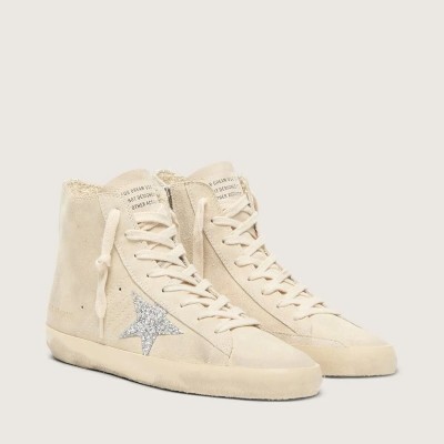 Golden Goose Francy Sneaker In Beige Suede With Silver Glitter Star