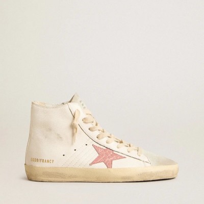 Golden Goose Francy Sneaker In Cream Nappa With Pink Crocodile-Print Leather Star Golden Goose Francy Sneaker In Cream Nappa With Pink Crocodile-Print Leather Star