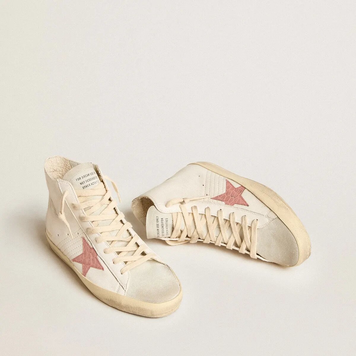 Golden Goose Francy Sneaker In Cream Nappa With Pink Crocodile-Print Leather Star Golden Goose Francy Sneaker In Cream Nappa With Pink Crocodile-Print Leather Star