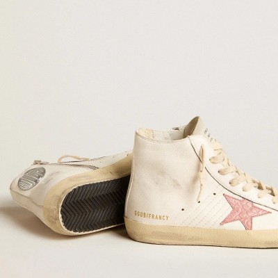 Golden Goose Francy Sneaker In Cream Nappa With Pink Crocodile-Print Leather Star Golden Goose Francy Sneaker In Cream Nappa With Pink Crocodile-Print Leather Star