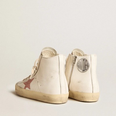 Golden Goose Francy Sneaker In Cream Nappa With Pink Crocodile-Print Leather Star Golden Goose Francy Sneaker In Cream Nappa With Pink Crocodile-Print Leather Star