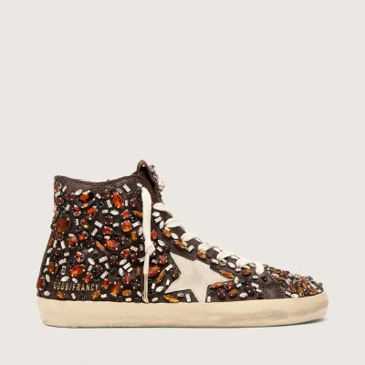 Golden Goose Francy Sneaker In Dark Brown Leather With Multicolor Rhinestones And White Suede Star Golden Goose Francy Sneaker In Dark Brown Leather With Multicolor Rhinestones And White Suede Star