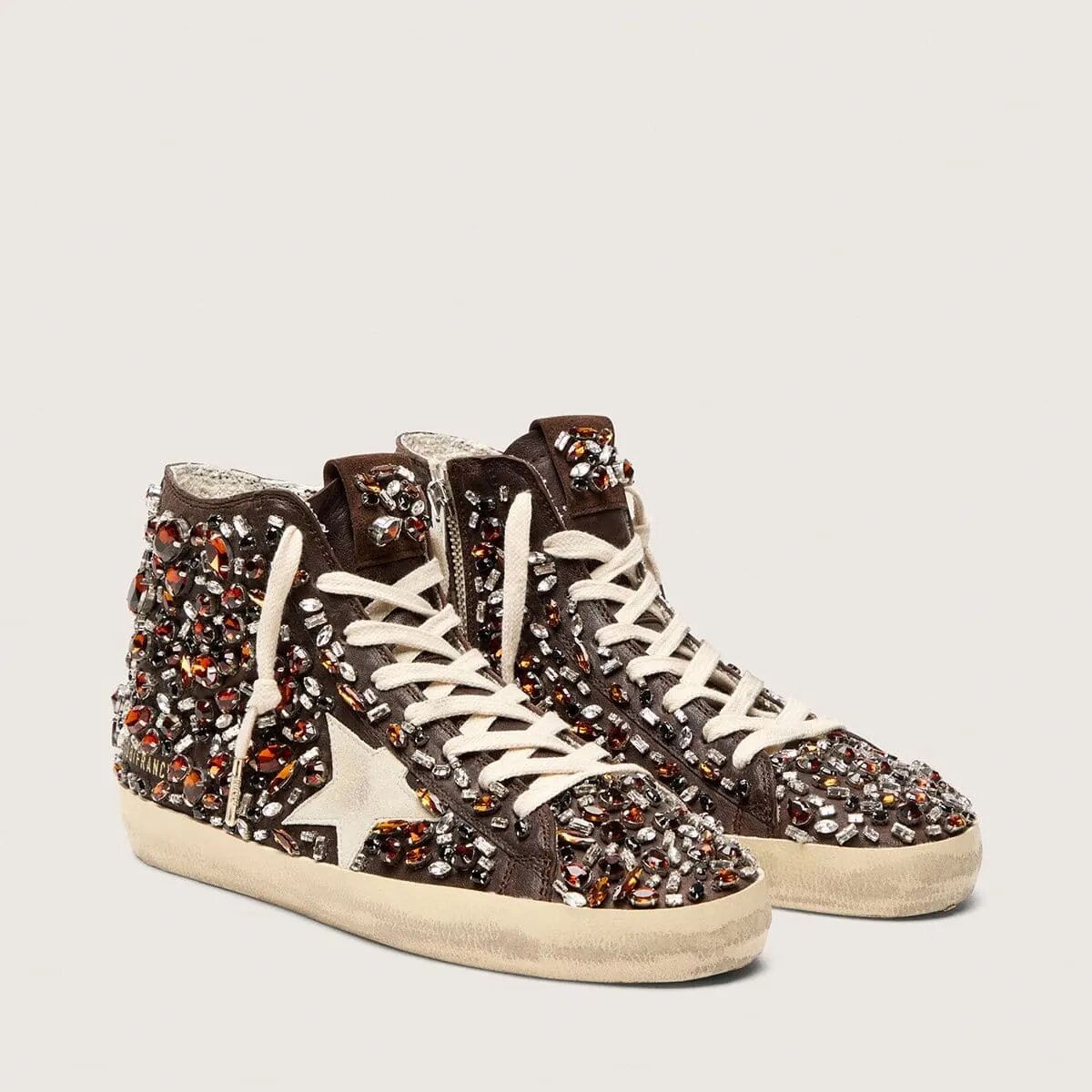 Golden Goose Francy Sneaker In Dark Brown Leather With Multicolor Rhinestones And White Suede Star Golden Goose Francy Sneaker In Dark Brown Leather With Multicolor Rhinestones And White Suede Star