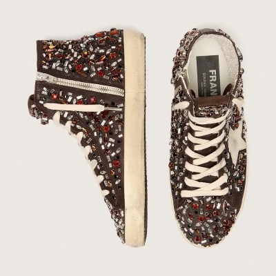 Golden Goose Francy Sneaker In Dark Brown Leather With Multicolor Rhinestones And White Suede Star Golden Goose Francy Sneaker In Dark Brown Leather With Multicolor Rhinestones And White Suede Star