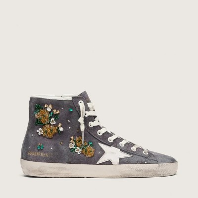Golden Goose Francy Sneaker In Dark Gray Suede With White Star And Beads And Crystals Golden Goose Francy Sneaker In Dark Gray Suede With White Star And Beads And Crystals