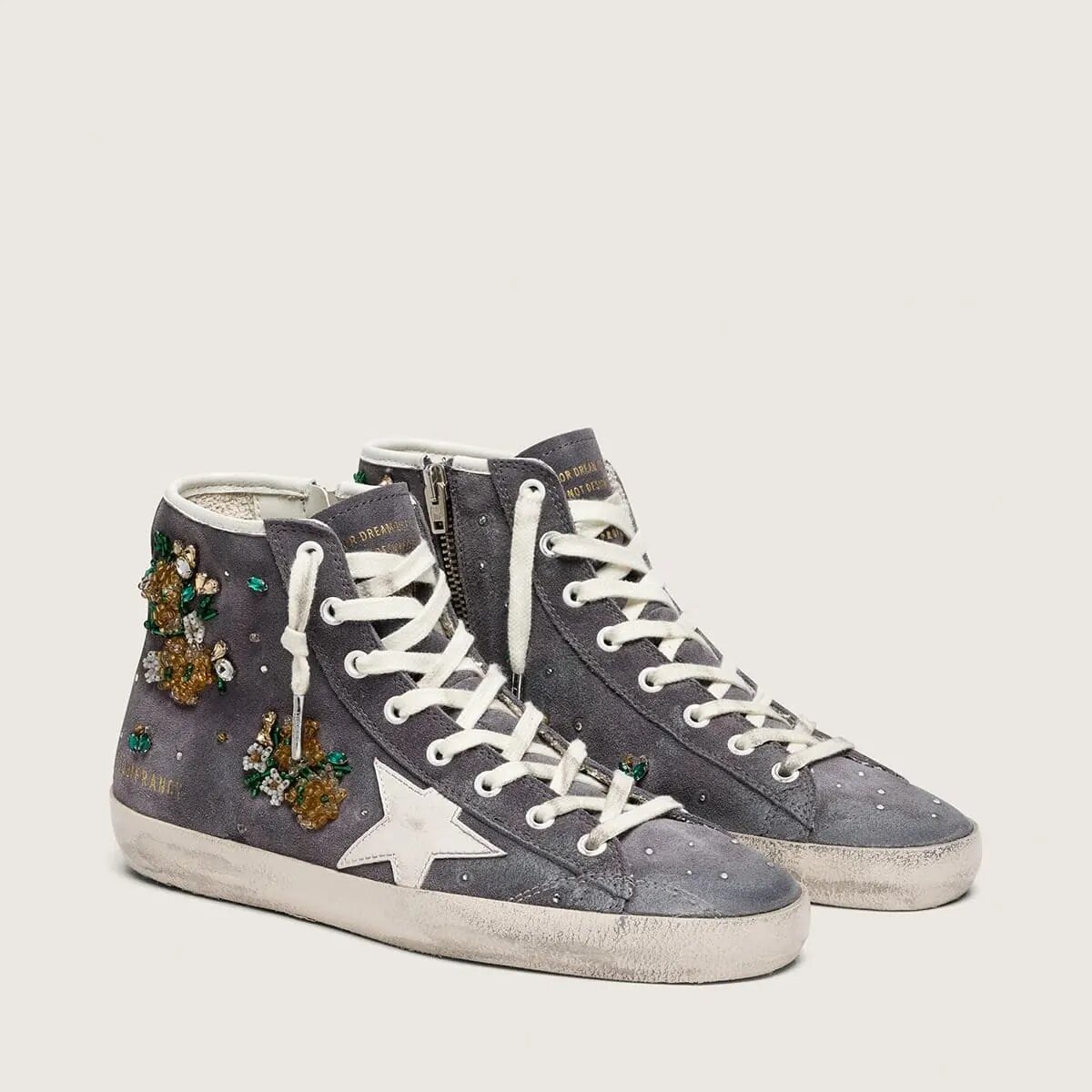 Golden Goose Francy Sneaker In Dark Gray Suede With White Star And Beads And Crystals Golden Goose Francy Sneaker In Dark Gray Suede With White Star And Beads And Crystals