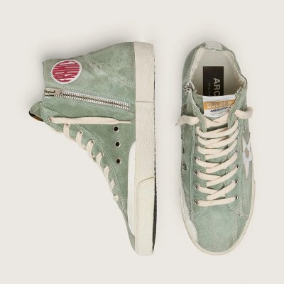 Golden Goose Francy Sneaker In Green Suede With Silver Metallic Leather Star Golden Goose Francy Sneaker In Green Suede With Silver Metallic Leather Star