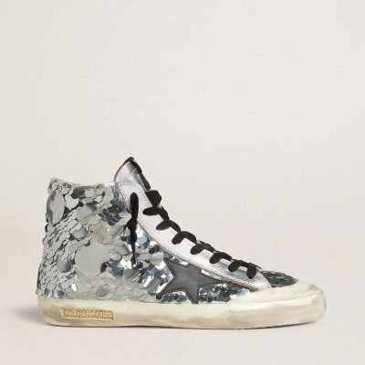 Golden Goose Francy Sneaker In Nylon With All-Over Silver Sequins And Black Leather Star Golden Goose Francy Sneaker In Nylon With All-Over Silver Sequins And Black Leather Star