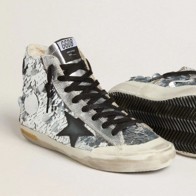 Golden Goose Francy Sneaker In Nylon With All-Over Silver Sequins And Black Leather Star Golden Goose Francy Sneaker In Nylon With All-Over Silver Sequins And Black Leather Star