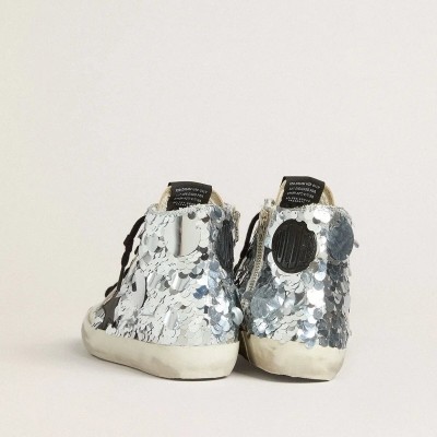 Golden Goose Francy Sneaker In Nylon With All-Over Silver Sequins And Black Leather Star Golden Goose Francy Sneaker In Nylon With All-Over Silver Sequins And Black Leather Star
