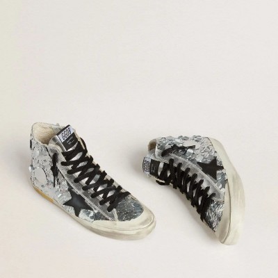 Golden Goose Francy Sneaker In Nylon With All-Over Silver Sequins And Black Leather Star Golden Goose Francy Sneaker In Nylon With All-Over Silver Sequins And Black Leather Star