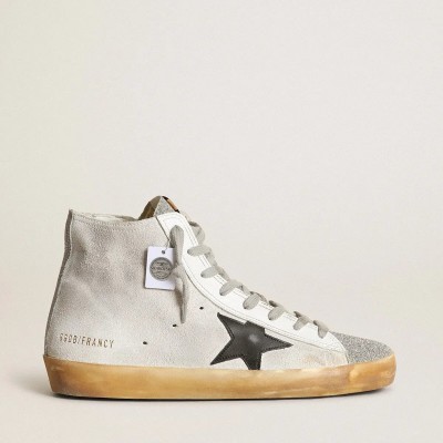 Golden Goose Francy Sneaker In White Suede With Black Leather Star And Silver Swarovski Crystal Tongue Golden Goose Francy Sneaker In White Suede With Black Leather Star And Silver Swarovski Crystal Tongue
