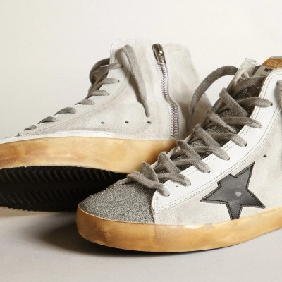 Golden Goose Francy Sneaker In White Suede With Black Leather Star And Silver Swarovski Crystal Tongue Golden Goose Francy Sneaker In White Suede With Black Leather Star And Silver Swarovski Crystal Tongue