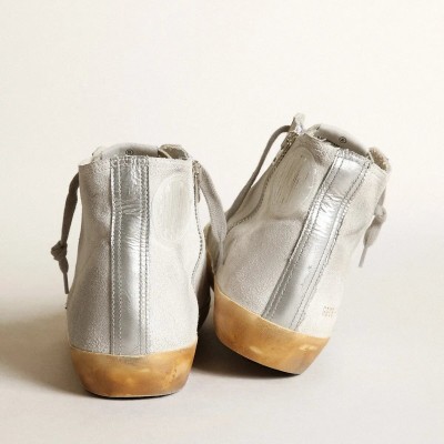 Golden Goose Francy Sneaker In White Suede With Black Leather Star And Silver Swarovski Crystal Tongue Golden Goose Francy Sneaker In White Suede With Black Leather Star And Silver Swarovski Crystal Tongue